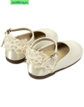 Βαπτιστικά Γοβάκια Γαλλικού Τύπου Babywalker BS 3543 Δερμάτινα Εκρού Με Chiffon Λουλούδι