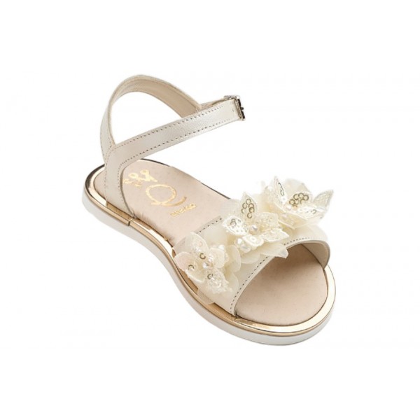 Βαπτιστικά Πέδιλα Για Κορίτσι Everkid K639E Δερμάτινα Εκρού Με Λουλούδι