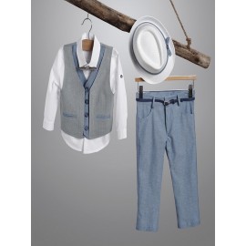 Βαπτιστικό Κουστουμάκι New Life 2913-4 Βαμβακερό Λευκό-Μπλε Ραφ