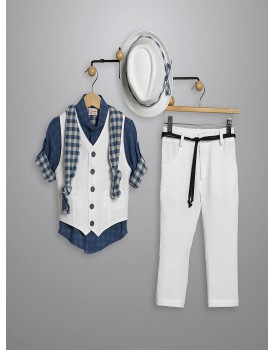 Κουστουμάκι Βάπτισης Λινό-Βαμβακερό New Life 3005-3 Λευκό-Μπλε   