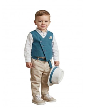 Κουστουμάκι Βάπτισης Βαμβακερό Lollipop Κ-2621 Λευκό-Μπεζ-Πετρόλ