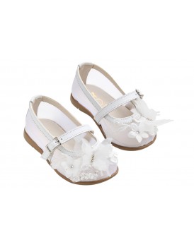Μπαλαρίνες Βάπτισης Everkid K681A Δερμάτινες Λευκές Με Κεντημένη Διαφάνεια Και Πεταλούδα