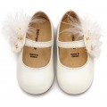 Παπούτσια Βάπτισης Για Κορίτσι Γοβάκια Babywalker BW 4887 Δερμάτινα Εκρού Με Λουλούδια Και Πούπουλα