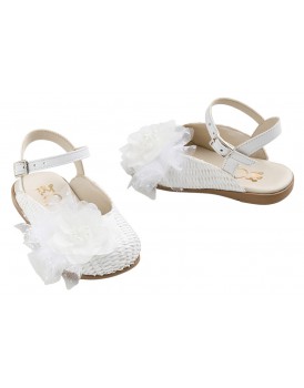 Πέδιλα Βάπτισης Για Κορίτσι Everkid K673A Σαμπό Λευκά Με Λουλούδι Και Τούλι  