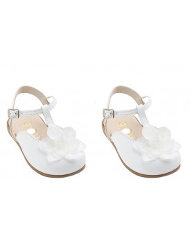 Πέδιλα Βάπτισης Για Κορίτσι Everkid K675A Δερμάτινα Σαμπό Λευκά Με Λουλούδι  