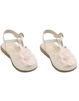 Βαπτιστικά Πέδιλα Για Κορίτσι Everkid K675E Δερμάτινα Σαμπό Εκρού Με Λουλούδι  