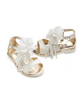 Βαπτιστικά Πέδιλα Για Κορίτσι Everkid KE11 Δερμάτινα Εκρού Με Χειροποίητο Κεντητό Λουλούδι 