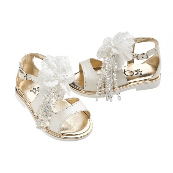 Βαπτιστικά Πέδιλα Για Κορίτσι Everkid KE11 Δερμάτινα Εκρού Με Χειροποίητο Κεντητό Λουλούδι