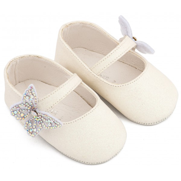Βαπτιστικά Παπούτσια Αγκαλιάς Για Κορίτσι Γοβάκια Babywalker MI 1658 Υφασμάτινα Λευκά Με Πεταλούδα