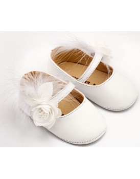 Βρεφικά Παπούτσια Αγκαλιάς Για Κορίτσι Γοβάκια Babywalker MI 1664 Δερμάτινα Λευκά Με Λουλούδια Και Πούπουλα