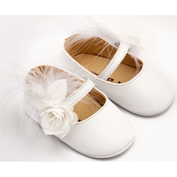 Βρεφικά Παπούτσια Αγκαλιάς Για Κορίτσι Γοβάκια Babywalker MI 1664 Δερμάτινα Λευκά Με Λουλούδια Και Πούπουλα