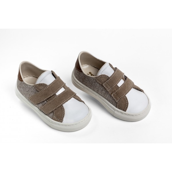 Βαπτιστικά Παπούτσια Sneakers Everkid A428E Δέρμα-Ύφασμα Μπεζ-Λευκά-Πούρο