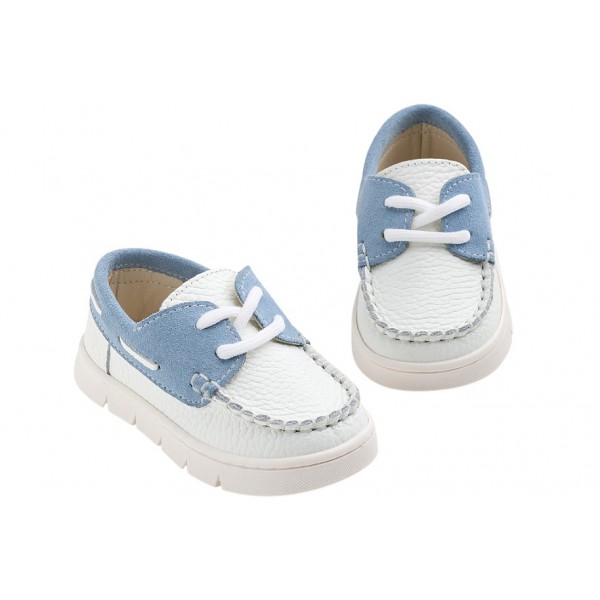 Παπούτσια Βάπτισης Για Αγόρι Everkid A625P Δερμάτινα Μοκασίνι Λευκά-Γαλάζιο
