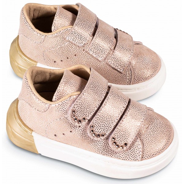 Παπούτσια Βάπτισης -Sneakers- Babywalker LU 6109 Δερμάτινα Ροζ Μπεζ Με Swarovski