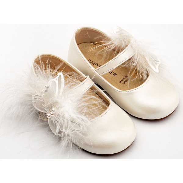 Βαπτιστικά Παπούτσια Για Κορίτσι Δερμάτινα Γοβάκια Babywalker BS 3598 Basic Εκρού Με Πεταλούδα Και Πούπουλα