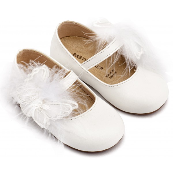 Βαπτιστικά Παπούτσια Για Κορίτσι Δερμάτινα Γοβάκια Babywalker BS 3598 Basic Λευκά Με Πεταλούδα Και Πούπουλα