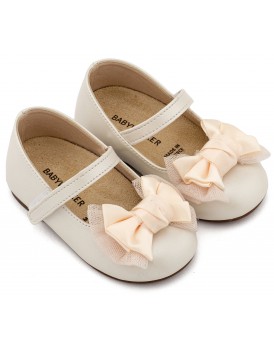 Βαπτιστικά Παπούτσια Για Κορίτσι Δερμάτινα Γοβάκια Babywalker BS 3599 Basic Εκρού Με Φιόγκο