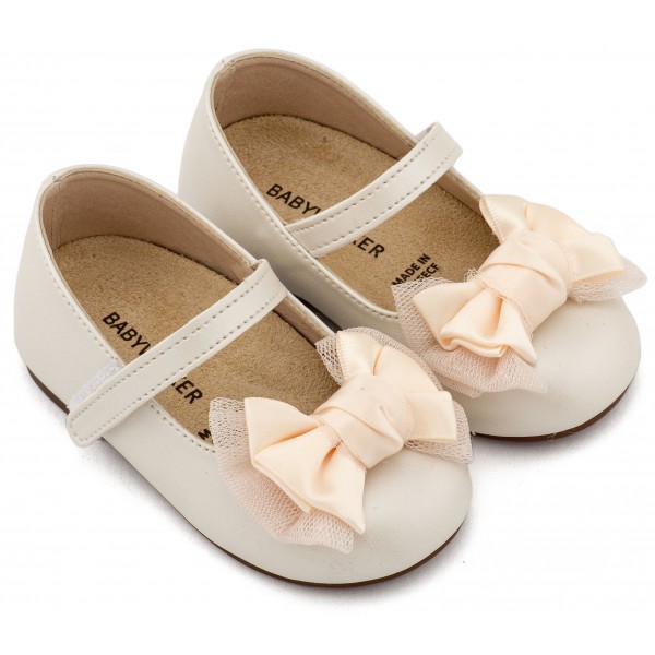 Βαπτιστικά Παπούτσια Για Κορίτσι Δερμάτινα Γοβάκια Babywalker BS 3599 Basic Εκρού Με Φιόγκο