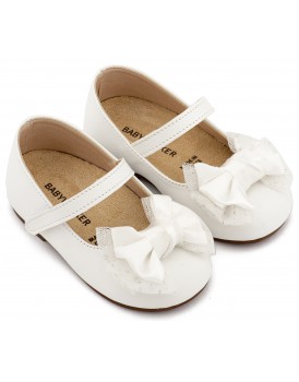 Βαπτιστικά Παπούτσια Για Κορίτσι Δερμάτινα Γοβάκια Babywalker BS 3599 Basic Λευκά Με Φιόγκο
