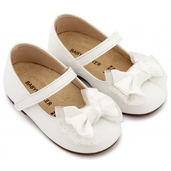 Βαπτιστικά Παπούτσια Για Κορίτσι Δερμάτινα Γοβάκια Babywalker BS 3599 Basic Λευκά Με Φιόγκο
