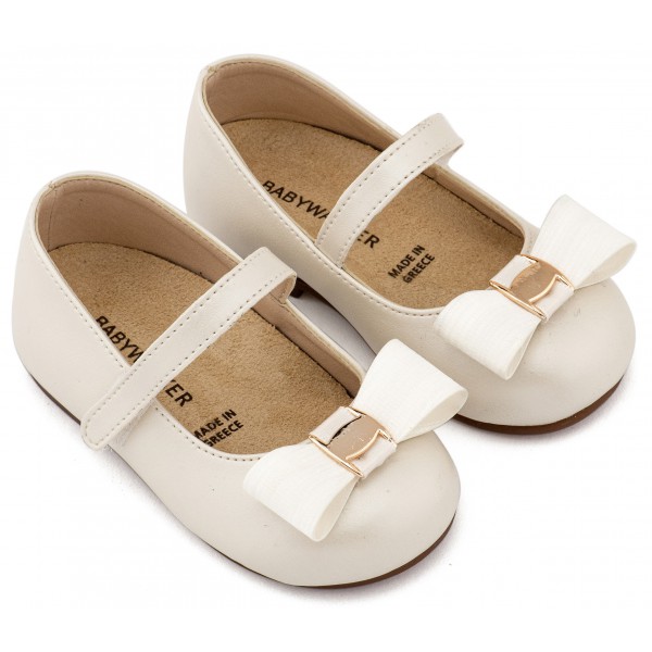 Βαπτιστικά Παπούτσια Για Κορίτσι Δερμάτινα Γοβάκια Babywalker BS 3600 Basic Εκρού Με Φιόγκο Και Αγκράφα
