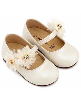 Βαπτιστικά Γοβάκια Babywalker BS 3604 Basic Δερμάτινα Εκρού Με Λουλούδια Και Διακοσμητικό