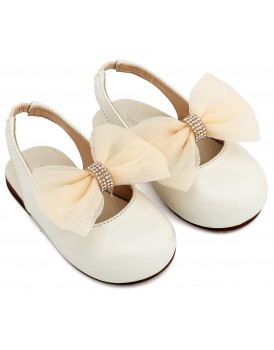 Γοβάκια Βάπτισης Babywalker BW 4883 Δερμάτινα Γαλλικά Σαμπό Εκρού Με Φιόγκο Και Strass