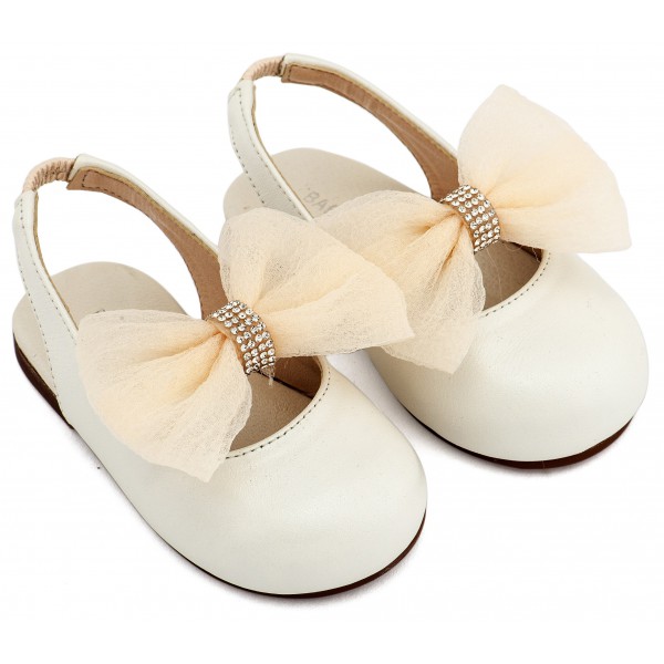 Γοβάκια Βάπτισης Babywalker BW 4883 Δερμάτινα Γαλλικά Σαμπό Εκρού Με Φιόγκο Και Strass