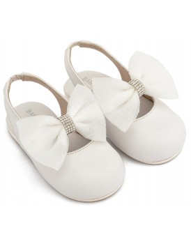 Γοβάκια Βάπτισης Babywalker BW 4883 Δερμάτινα Γαλλικά Σαμπό Λευκά Με Φιόγκο Και Strass