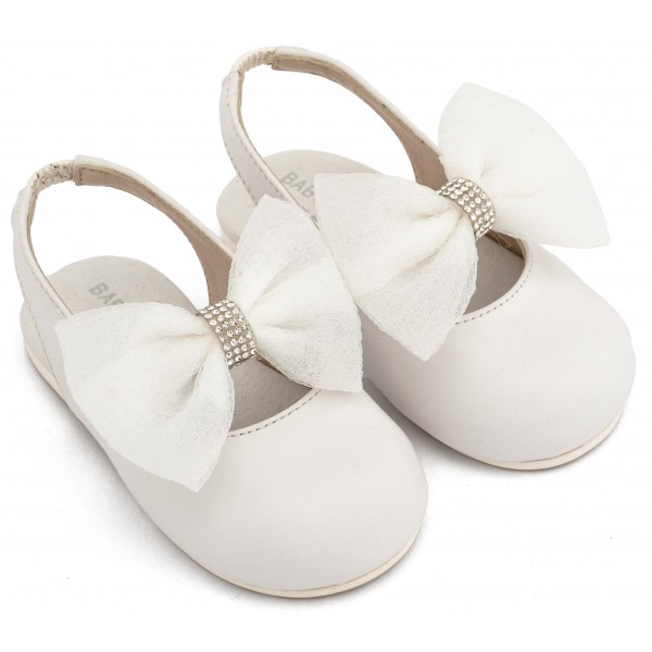 Γοβάκια Βάπτισης Babywalker BW 4883 Δερμάτινα Γαλλικά Σαμπό Λευκά Με Φιόγκο Και Strass