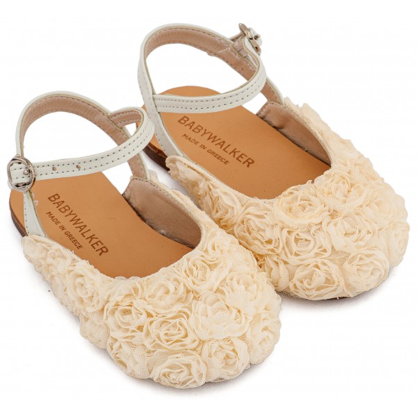 Βαπτιστικά Παπούτσια Για Κορίτσι Γοβάκια Σαμπό Babywalker BW 4884 Εκρού Με Λουλούδια