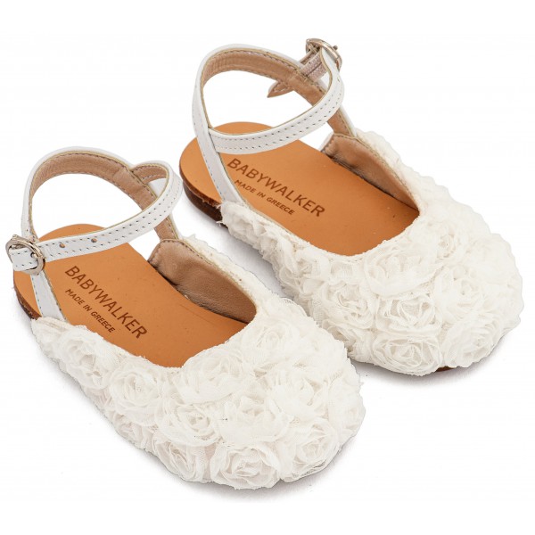 Βαπτιστικά Παπούτσια Για Κορίτσι Γοβάκια Σαμπό Babywalker BW 4884 Λευκά Με Λουλούδια