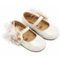 Παπούτσια Βάπτισης Για Κορίτσι Γοβάκια Babywalker BW 4887 Δερμάτινα Εκρού Με Λουλούδια Και Πούπουλα
