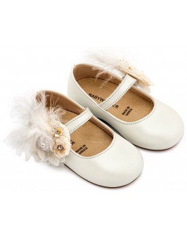 Παπούτσια Βάπτισης Για Κορίτσι Γοβάκια Babywalker BW 4887 Δερμάτινα Εκρού Με Λουλούδια Και Πούπουλα   