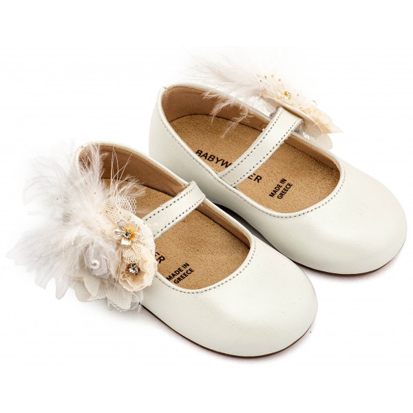 Παπούτσια Βάπτισης Για Κορίτσι Γοβάκια Babywalker BW 4887 Δερμάτινα Εκρού Με Λουλούδια Και Πούπουλα