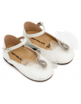 Παπούτσια Βάπτισης Για Κορίτσι Γοβάκια Γαλλικού Τύπου Babywalker BW 4890 Δερμάτινα Εκρού Με Φιόγκο Και Strass    
