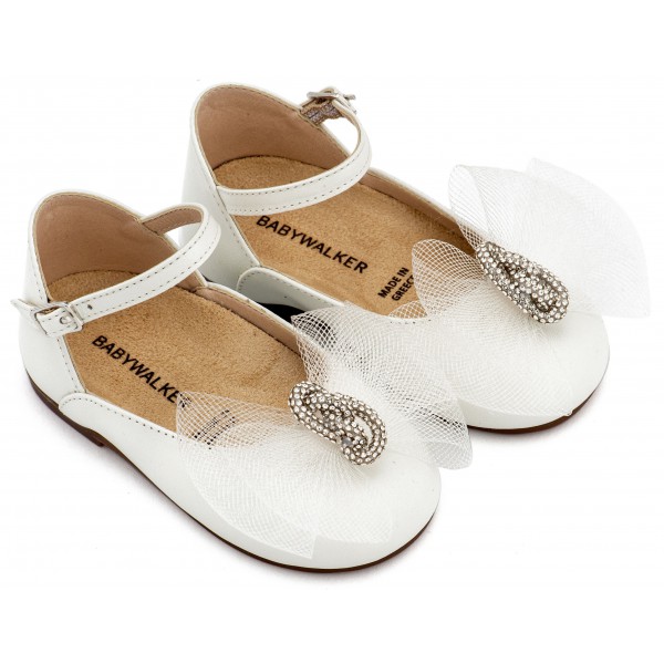 Παπούτσια Βάπτισης Για Κορίτσι Γοβάκια Γαλλικού Τύπου Babywalker BW 4890 Δερμάτινα Εκρού Με Φιόγκο Και Strass