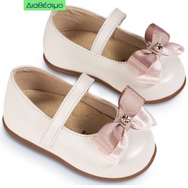 Βαπτιστικά Γοβάκια Babywalker Pri 2633 Δερμάτινα Με Δίχρωμο Φιογκάκι Και Strass Εκρού-Ροζ 