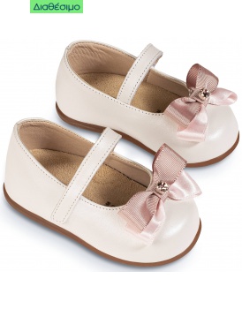 Βαπτιστικά Γοβάκια Babywalker Pri 2633 Δερμάτινα Με Δίχρωμο Φιογκάκι Και Strass Εκρού-Ροζ 