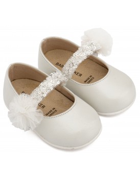 Βαπτιστικά Γοβάκια Babywalker Pri 2657 Δερμάτινα Εκρού Με Τρέσα Και Pon Pon    