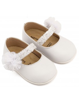 Βαπτιστικά Γοβάκια Babywalker Pri 2657 Δερμάτινα Λευκά Με Τρέσα Και Pon Pon