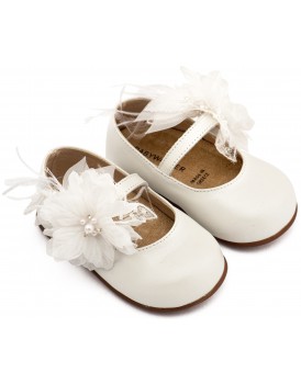 Βαπτιστικά Παπούτσια Για Κορίτσι Γοβάκια Babywalker Pri 2658 Δερμάτινα Εκρού Με Λουλούδι Και Πούπουλα    