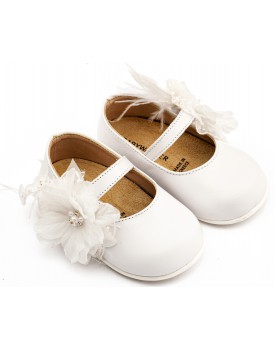 Βαπτιστικά Παπούτσια Για Κορίτσι Γοβάκια Babywalker Pri 2658 Δερμάτινα Λευκά Με Λουλούδι Και Πούπουλα    