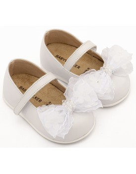 Βαπτιστικά Παπούτσια Για Κορίτσι Γοβάκια Babywalker Pri 2659 Δερμάτινα Λευκά Με Φιογκάκι 