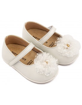 Βαπτιστικά Παπούτσια Για Κορίτσι Γοβάκια Babywalker Pri 2660 Δερμάτινα Εκρού Με Τούλι 