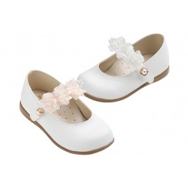 Βαπτιστικά Γοβάκια Δερμάτινα Everkid K6101A Λευκά Με Λευκή Διακοσμητική Τρέσα Και Πέρλα