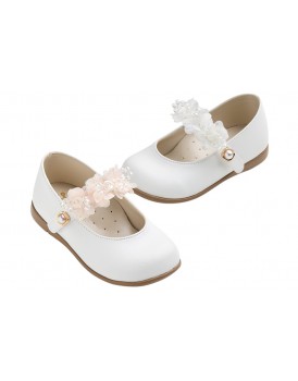 Βαπτιστικά Γοβάκια Δερμάτινα Everkid K6101A Λευκά Με Λευκή Διακοσμητική Τρέσα Και Πέρλα