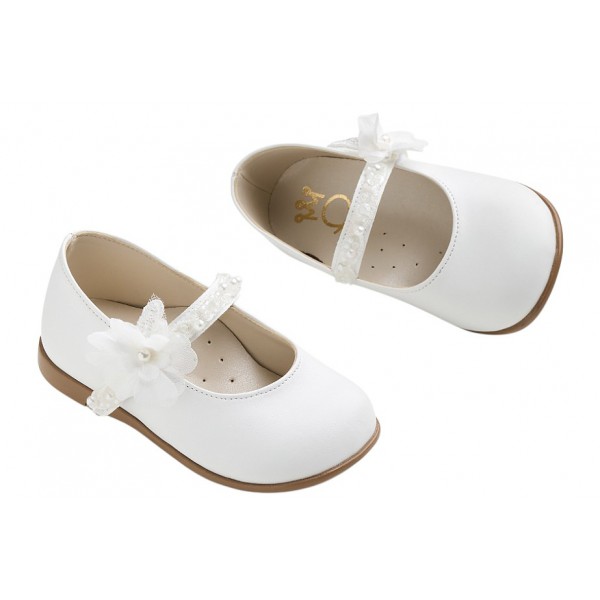 Βαπτιστικά Γοβάκια Δερμάτινα Everkid K6102A Λευκά Με Πέρλες Και Λουλούδι