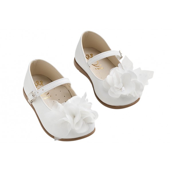 Βαπτιστικά Γοβάκια Δερμάτινα Everkid K6105A Λευκά Με Λουλούδι Και Πέρλες