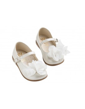 Βαπτιστικά Γοβάκια Δερμάτινα Everkid K6105E Εκρού Με Λουλούδι Και Πέρλες